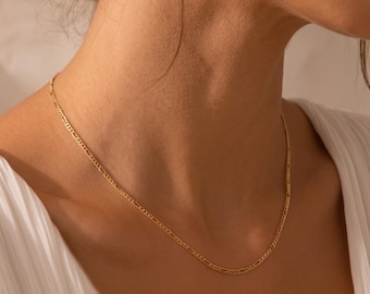 Gold Figaro Chain Necklace, Dainty Everyday Layering Jewelry, 1.2mm Sterling Silver