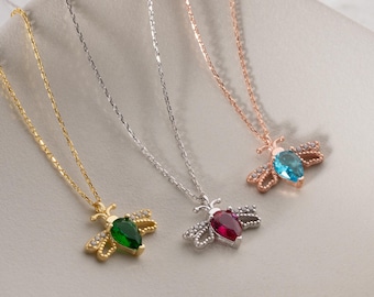 Gold Bee Birthstone Necklace: Green Birthstone Pendant Sterling Silver Honeybee Charm Bee Lover Gift