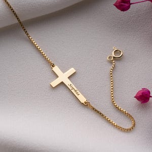 Silver Cross Name Bracelet with Birthstone Bracelet for Women Confirmation Cross Birthstone Bracelet with Baby Name Sideways Cross Bracelet