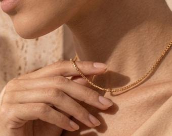 Gold Box Chain Necklace, 925 Sterling Silver Box Chain, Delicate Dainty Layered Necklace, Simple Gold Chain,  Everyday Necklace