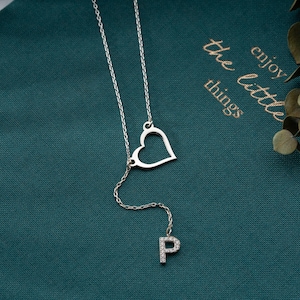 Dainty Lariat Y Bar Necklace Customized Heart Drop Initial Jewelry Heart Necklace with Charm Letter Pave Initial Necklace Gift for Girl