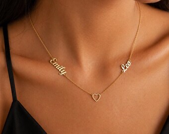 Silver Two Name Necklace with Heart, Multi Names Necklace, Double Name Necklace, Personalized Family Necklace, Gift for Her, Couple Necklace