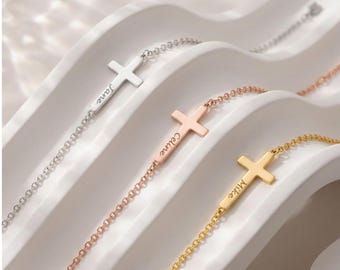 Cross Name Bracelet, Personalized Name Bracelet with Cross, Gold Cross Bracelet, Custom Communion Gift Baptism Gift Christian Bracelet