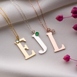 Delicado collar inicial con piedra de nacimiento, collar inicial personalizado, joyería con letras grandes de oro, collar con inicial grande, regalos para esposas.