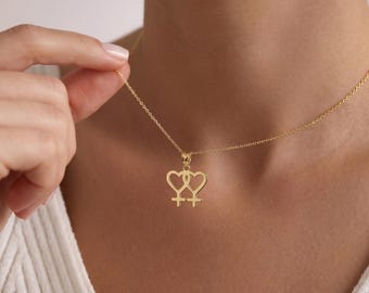Sterling Silver Double Lesbian Venus Necklace, Lesbian Necklace, Gold Lesbian Heart, Lesbian Pride Jewelry, LGBT Jewelry