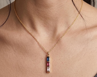 Custom Baguette Birthstone Necklace, Dainty Multiple Gemstone Jewelry, Sterling Silver Family Birthstone Necklace, Gold Baguette Necklace