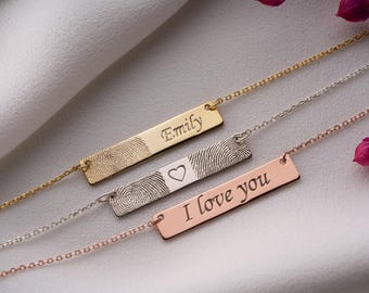 Engraved Fingerprint Necklace, Personalized Fingerprint Necklace, Custom Name Bar Necklace, Actual Fingerprint Jewelry Remembrance Gift for