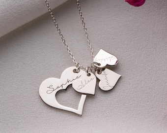 Collar personalizado de plata de ley con nombre en forma de corazón, collar con nombres personalizados para niños, colgantes grabados con nombres familiares en forma de corazón, regalo para el Día de la Madre.