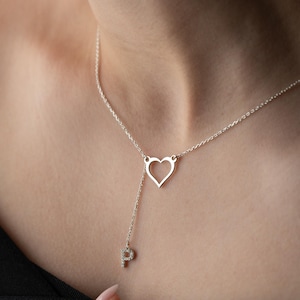 Heart Necklace with Custom Initial Cz Dainty Lariat Y Bar Necklace Heart Necklace with Charm Letter Dangling Letter Necklace Gift for Her