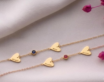 Personalized Heart Bracelet Engraved Multiple Heart Name Bracelet Kids Name Bracelet With Birthstone Custom Name & Birthstone Family Jewelry