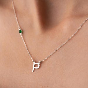 Initial Necklace With Birthstone Silver Letter Pendant Necklace Personalized Gemstone Initial Necklace Minimalist Necklace Bridesmaids Gifts