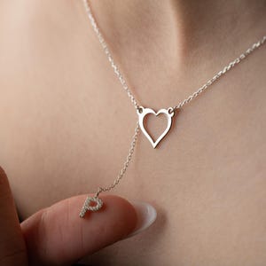 Silver Heart Necklace with Initial Dainty Lariat Y Bar Necklace Heart Dangle Necklace Custom Heart Drop Initial Pendant Dangling Letter