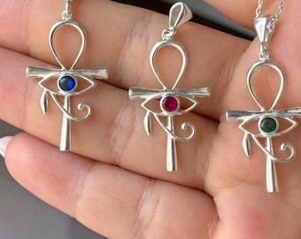 Eye of Ra Necklace with Birthstone, Egyptian Protection Jewelry, Sterling Silver Ankh Cross Necklace Gold Spiritual Necklace for Women