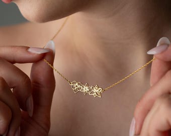 Personalized Birth Flower Necklace, Sterling Silver Flowers Pendant, Custom Family Bouquet Jewelry, Mother's Day Gift Dainty Floral Necklace