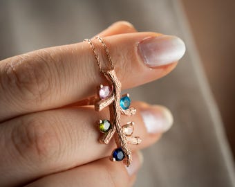 Custom Birthstone Family Jewelry Sterling Silver Tree Branch Birthstone Necklace Gift for Grandmother and Mom Birthstone Necklace for Mom