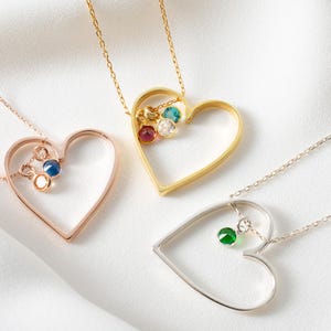 Personalized Heart Necklace with Birthstone Charm Birth Month Pendant Family Birthstone Necklace Dainty Heart Necklace Gift for Mom