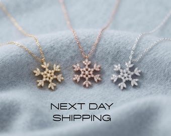 Sterling Silver Snowflake Necklace: White Zircon Winter Jewelry, Dainty Snowflake Pendant, Christmas Jewelry