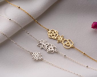 Birth Flower Bracelet Gold Birth Flower Family Bracelet Custom Birth Month Bouquet Bracelet Mothers Day Gift Grandma Gift