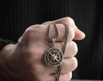 925K Sterling Silver Compass Necklace, Personalized Polaris Star Necklace, Gift for Sailors, North Star Pendant, Compass Pendant