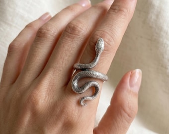 Sterling Silver Snake Ring, Adjustable Serpent Band, Gold Spiral Bohemian Design