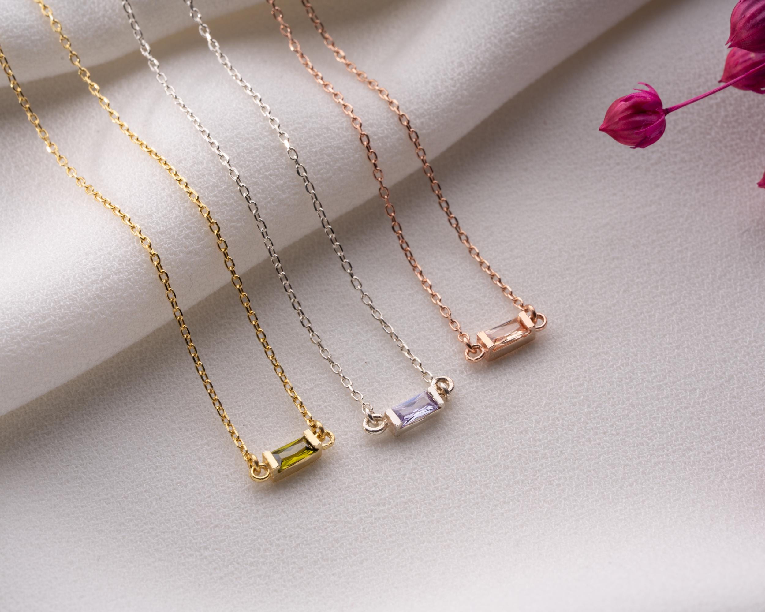 Minimalist Baguette Necklace with Birthstone Personalized New Mom Gift Custom Baguette Pendant in Gold Minimalist Jewelry for Her