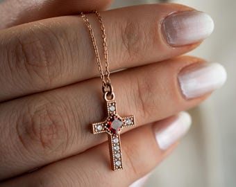 Silber Kreuz Anhänger Benutzerdefinierte Birthstone Kreuz Halskette Religiöse Birthstone Halskette Zierliches Kreuz mit Birthstone Taufe Geschenk für Mutter