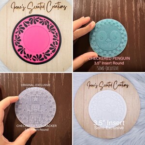 May include: A collection of four circular 3.5-inch inserts featuring various designs: a pink floral pattern, a light blue checkered penguin, a translucent checkered nutcracker, and a white angel, all labeled with Irene's Scented Creations.