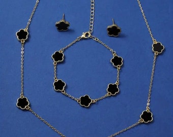 Ensemble trèfle pour femme. Collier, boucles d'oreilles et bracelet noirs. Noir et or. Livré avec une pochette à bijoux de couleur aléatoire. Cadeau idéal.