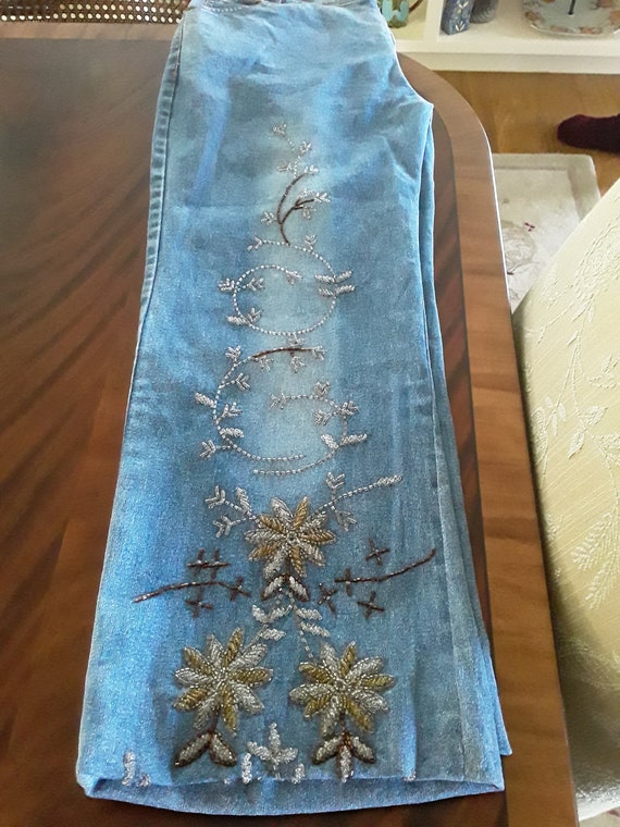 Hand sewn beaded jeans