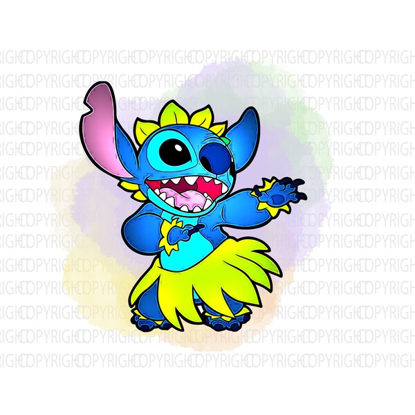 Stitch with Flowers, Hand Drawn Watercolor Clipart, Cute Cartoon Illustration, PNG, Alien, High Resolution, Lilo and Stitch PNG