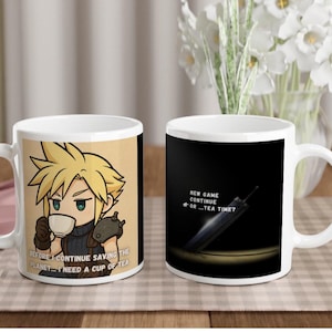Taza de té estilo chibi de Cloud Strife de Final Fantasy VII - Regalo ideal para gamers y fans de JRPG y anime.