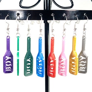Boy Paddle Dangle Earrings Light Weight Sterling Silver Hooks Hypoallergenic, Purple, Green, Dark Green, Blue, Red, Pink, Gold, Silver