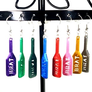 Brat Paddle Dangle Earrings Light Weight Sterling Silver Hooks Hypoallergenic Purple Green, Dark Green, Blue, Red, Pink, Gold, Silver Silver