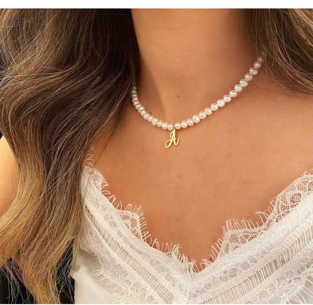 Custom Pearl Necklace Silver Initial Necklace Custom Initial Pearl Necklace Personalized Name