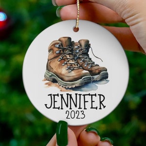 Hiking Boot Ornament, Custom Name Christmas Ceramic Ornament, Outdoor lover Christmas Ornament,  Keepsake gift for her, personalized gift