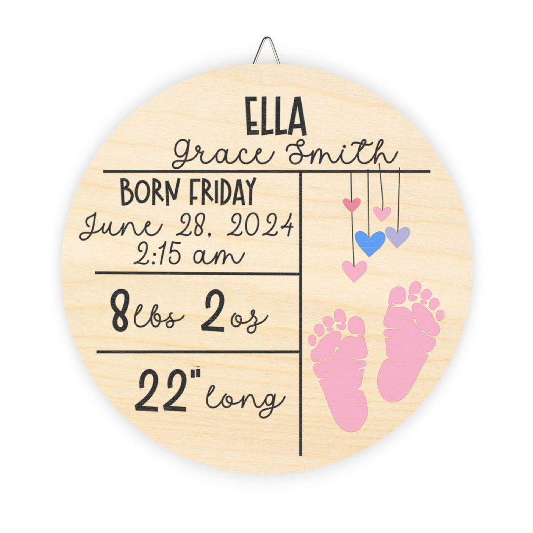 Pinkstats Signage Birth Stats Wooden Door Hanger Newborn Wood Signs Custom Name Pink Baby ...
