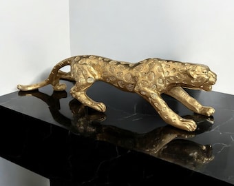 Gold Cheetah Statue: Marble Leopard Sculpture, Handmade Decor