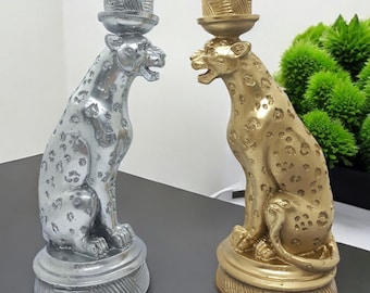 Silver Leopard Candle Holder: Handmade Marble Resin Statue