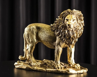 Handmade Gold Lion Statue: Realistic Marble Sculpture, Office Decor (14 inch)