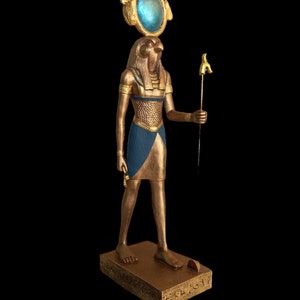 Ra Statue - Horus God of War- The Falcon Headed God Ra With Sun Disk and The Staff of Power-  Handmade in Egypt Statue (15 inc)