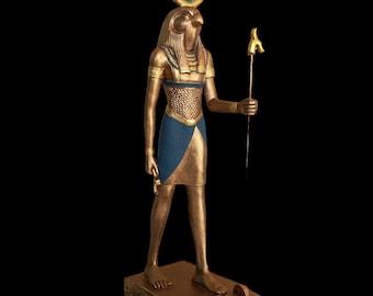 Handmade Egyptian Ra Statue: Falcon Headed God with Sun Disk (15 inch)