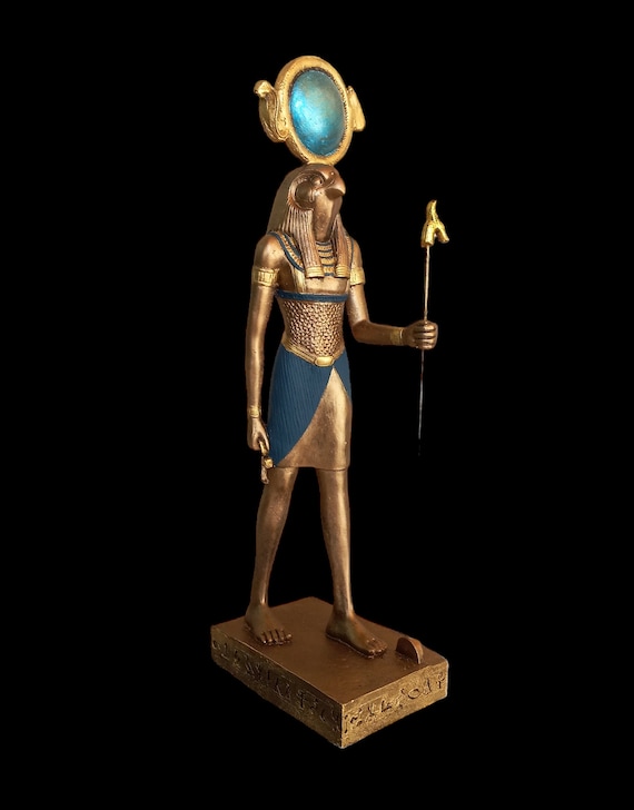 Handmade Egyptian Ra Statue: Falcon Headed God with Sun Disk (15 inch)