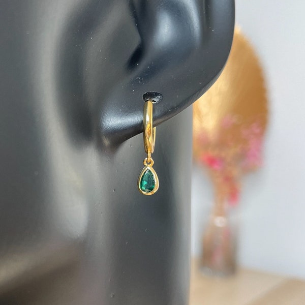 Boucles d’oreilles créoles pendentif goutte pierre vert émeraude en acier inoxydable doré