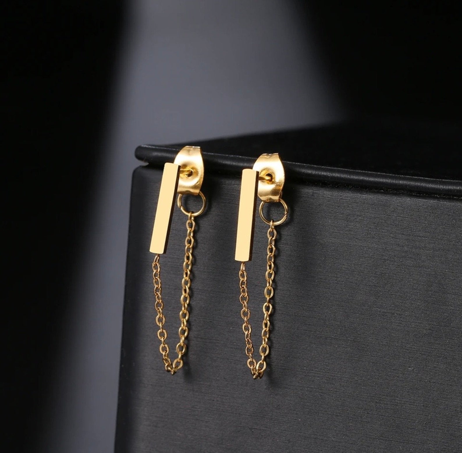 Small Bar Earrings With Gold Stainless Steel Chain Etsy