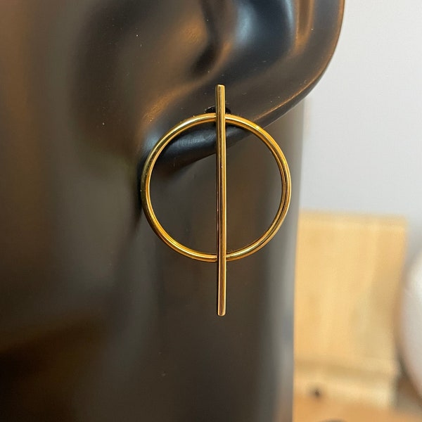 Boucles d’oreilles graphique cercle barre transversale en acier inoxydable doré cadeau femme