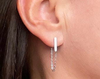Boucles d’oreilles petite barre avec chaînette en acier inoxydable argenté
