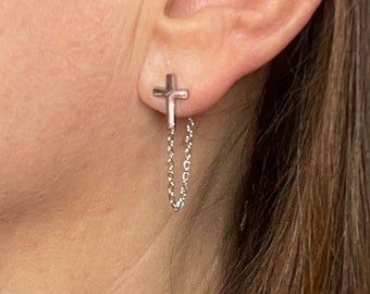 cross earrings chain in silver stainless steel • cross jewelry • charm earrings • minimalist earrings