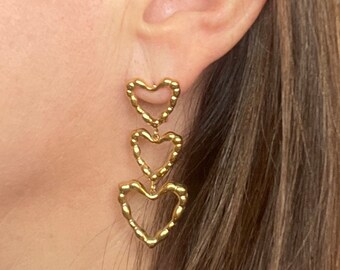 3 hearts pendant earrings in gold stainless steel