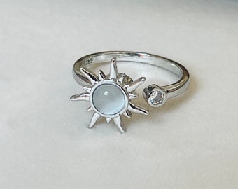 Bague spinner sun ring anneau anti-stress anti anxiété bien-être motif soleil rotatif pierre de lune rotatable ring