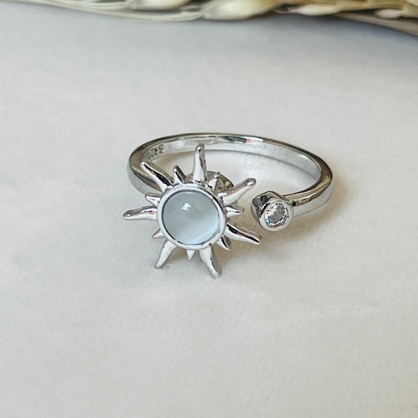 Bague spinner sun ring anneau anti-stress anti anxiété bien-être motif soleil rotatif pierre de lune rotatable ring